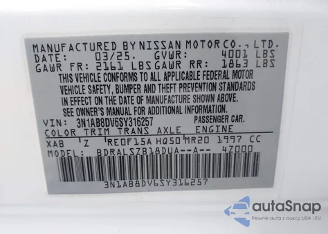 2025 Nissan Sentra Sr from USA, damaged, VIN 3N1AB8DV6SY316257